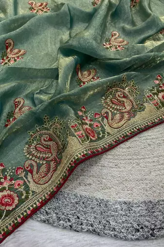 Sea green satin embroidered thread work heavy look ethnic saree with blouse