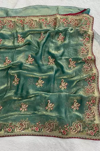Sea green satin embroidered thread work heavy look ethnic saree with blouse