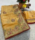 Yellow satin embroidered thread work heavy look ethnic saree with blouse