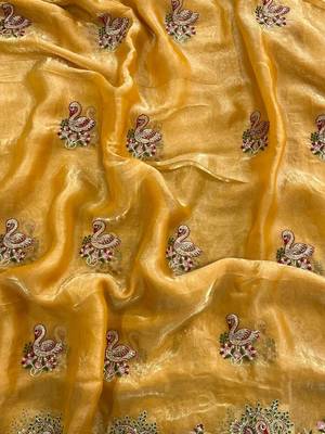 Yellow satin embroidered thread work heavy look ethnic saree with blouse 4