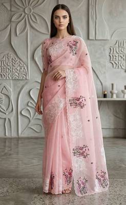 Pink organza embroidered thread work heavy look ethnic saree with blouse 1