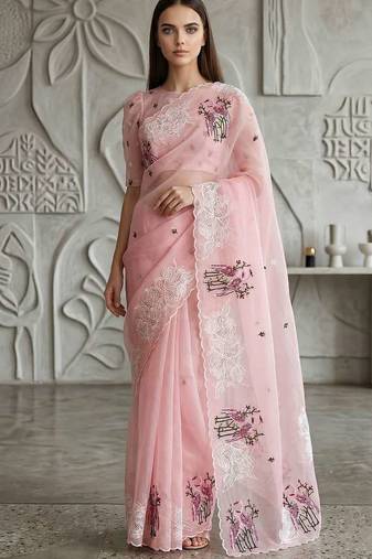 Pink organza embroidered thread work heavy look ethnic saree with blouse