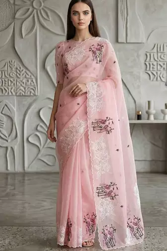 Pink organza embroidered thread work heavy look ethnic saree with blouse