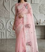 Pink organza embroidered thread work heavy look ethnic saree with blouse
