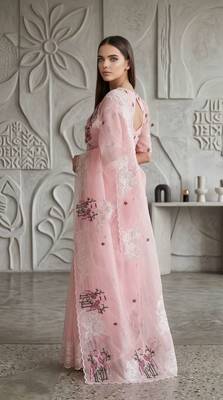 Pink organza embroidered thread work heavy look ethnic saree with blouse 2