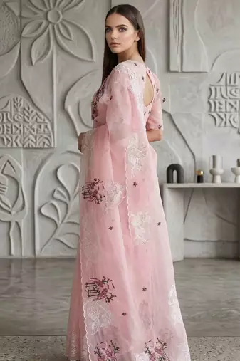 Pink organza embroidered thread work heavy look ethnic saree with blouse