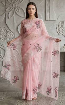 Pink organza embroidered thread work heavy look ethnic saree with blouse 3