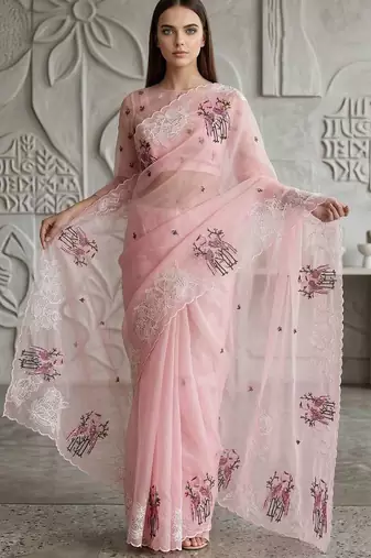 Pink organza embroidered thread work heavy look ethnic saree with blouse