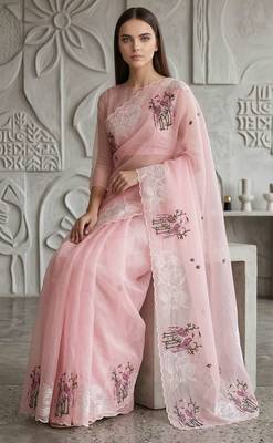 Pink organza embroidered thread work heavy look ethnic saree with blouse 4