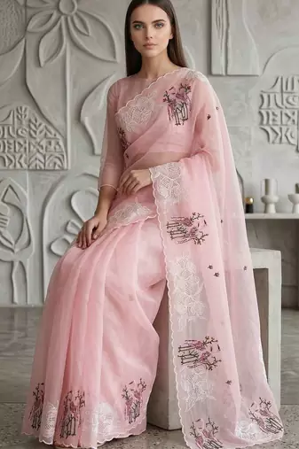 Pink organza embroidered thread work heavy look ethnic saree with blouse