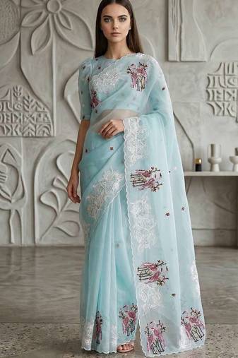 Sky blue organza embroidered thread work heavy look ethnic saree with blouse