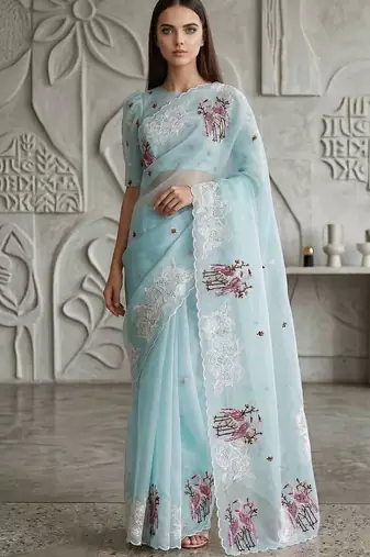 Sky blue organza embroidered thread work heavy look ethnic saree with blouse