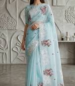 Sky blue organza embroidered thread work heavy look ethnic saree with blouse