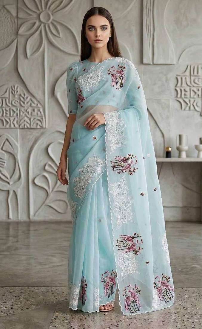 Sky blue organza embroidered thread work heavy look ethnic saree with blouse