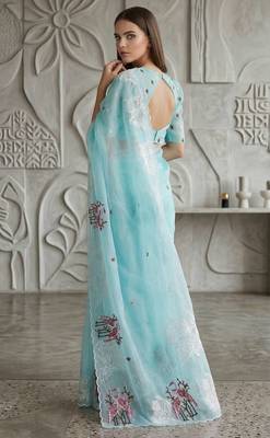 Sky blue organza embroidered thread work heavy look ethnic saree with blouse 2