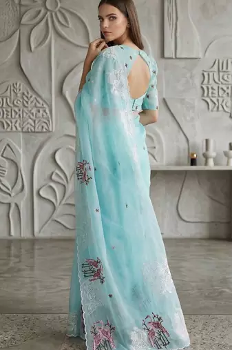 Sky blue organza embroidered thread work heavy look ethnic saree with blouse