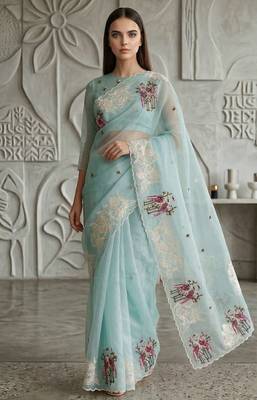Sky blue organza embroidered thread work heavy look ethnic saree with blouse 3
