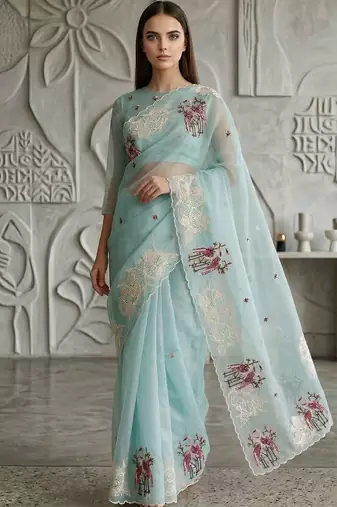 Sky blue organza embroidered thread work heavy look ethnic saree with blouse