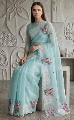 Sky blue organza embroidered thread work heavy look ethnic saree with blouse 4