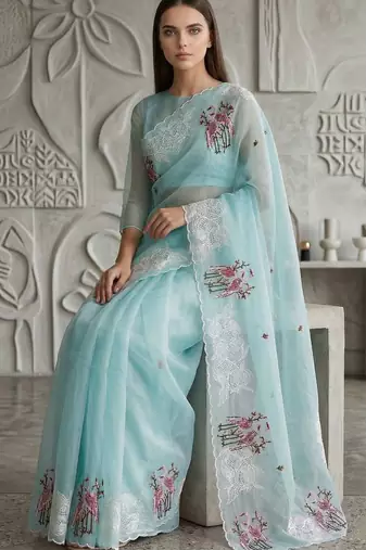 Sky blue organza embroidered thread work heavy look ethnic saree with blouse