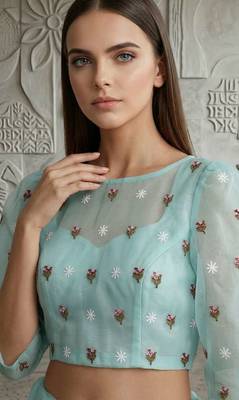 Sky blue organza embroidered thread work heavy look ethnic saree with blouse 5