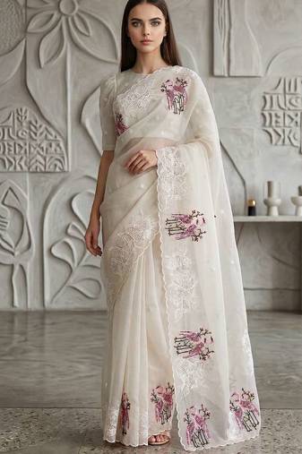 White organza embroidered thread work heavy look ethnic saree with blouse