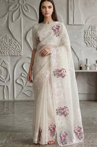 White organza embroidered thread work heavy look ethnic saree with blouse