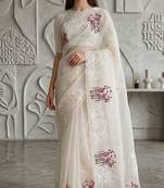 White organza embroidered thread work heavy look ethnic saree with blouse