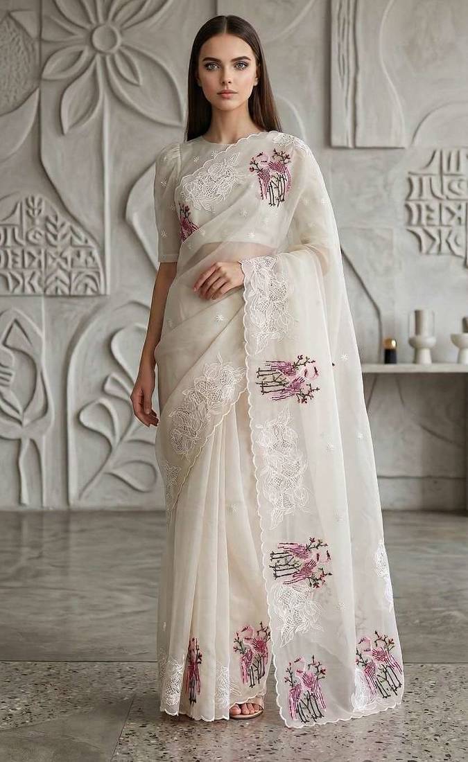 White organza embroidered thread work heavy look ethnic saree with blouse