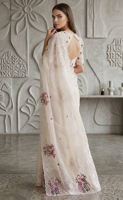 White organza embroidered thread work heavy look ethnic saree with blouse 2