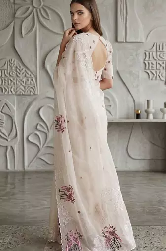 White organza embroidered thread work heavy look ethnic saree with blouse