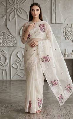 White organza embroidered thread work heavy look ethnic saree with blouse 3