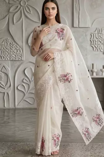 White organza embroidered thread work heavy look ethnic saree with blouse