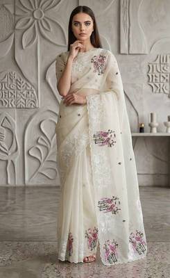 White organza embroidered thread work heavy look ethnic saree with blouse 4