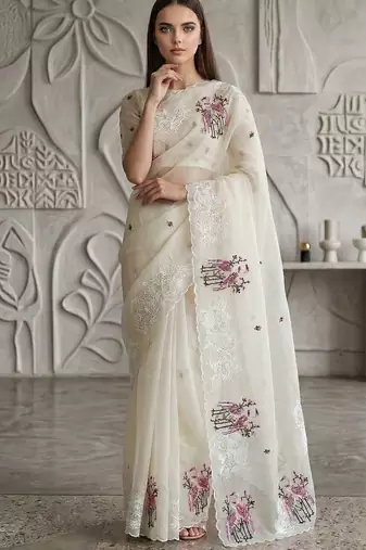 White organza embroidered thread work heavy look ethnic saree with blouse