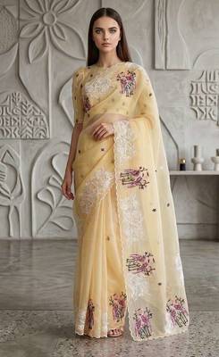 Yellow organza embroidered thread work heavy look ethnic saree with blouse 1