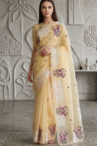 Yellow organza embroidered thread work heavy look ethnic saree with blouse