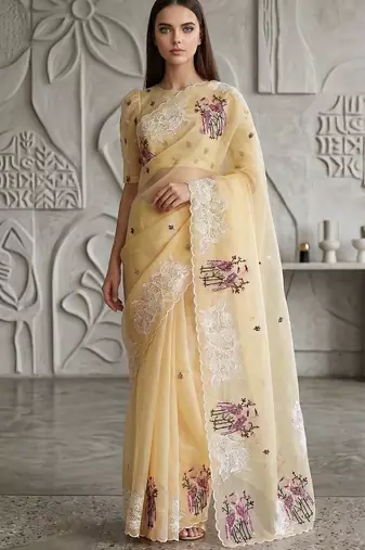 Yellow organza embroidered thread work heavy look ethnic saree with blouse
