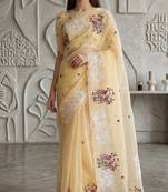 Yellow organza embroidered thread work heavy look ethnic saree with blouse