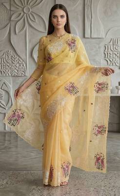 Yellow organza embroidered thread work heavy look ethnic saree with blouse 2