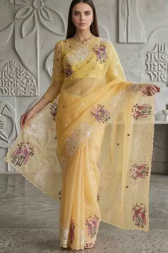 Yellow organza embroidered thread work heavy look ethnic saree with blouse
