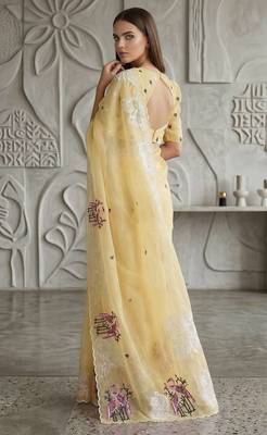 Yellow organza embroidered thread work heavy look ethnic saree with blouse 3