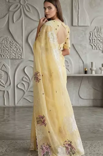 Yellow organza embroidered thread work heavy look ethnic saree with blouse