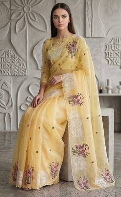 Yellow organza embroidered thread work heavy look ethnic saree with blouse 4
