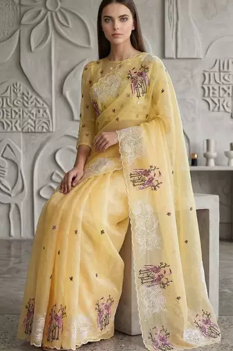 Yellow organza embroidered thread work heavy look ethnic saree with blouse