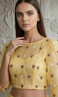 Yellow organza embroidered thread work heavy look ethnic saree with blouse 5