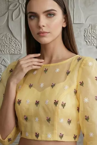 Yellow organza embroidered thread work heavy look ethnic saree with blouse