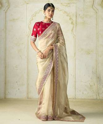Multicolor net embroidered sequins work heavy look ethnic saree with blouse 1