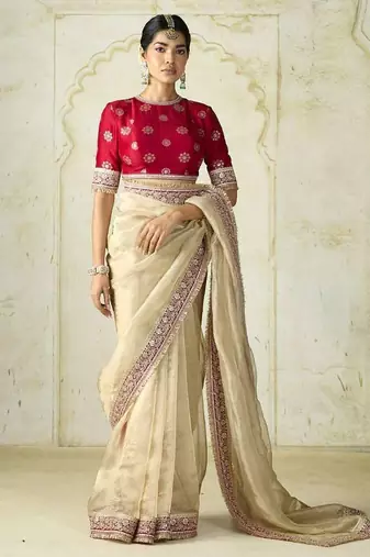 Multicolor net embroidered sequins work heavy look ethnic saree with blouse