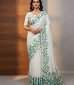 Green organza printed floral print heavy look ethnic saree with blouse